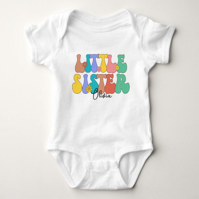 Retro Groovy Little Sister Custom Name Baby Bodysuit (Front)
