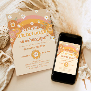 Retro groovy little wildflower baby shower invitation