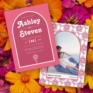 Retro groovy magenta and pink 70s inspired wedding invitation