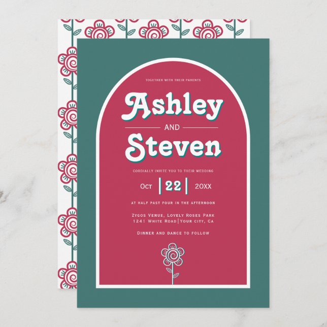 Retro groovy magenta and teal 70s inspired wedding invitation (Front/Back)