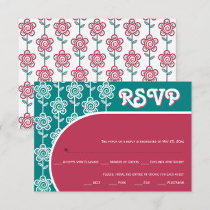 Retro groovy magenta and teal 70s wedding RSVP Card