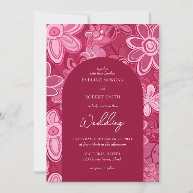 Retro groovy magenta pink flowers boho arch invitation (Front)