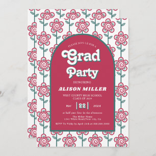 Retro groovy magenta, teal flowers 70s Graduation Invitation
