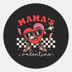 Retro Groovy Mama Is My Valentine Cute Heart Boys  Classic Round Sticker