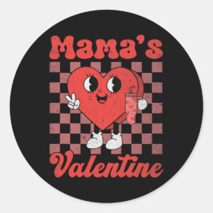 Retro Groovy Mama Is My Valentine Cute Heart Boys  Classic Round Sticker