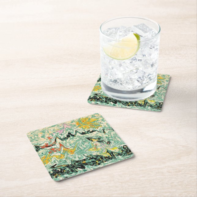 Retro Groovy Marbled Swirl Abstract Pattern Square Paper Coaster (Insitu)