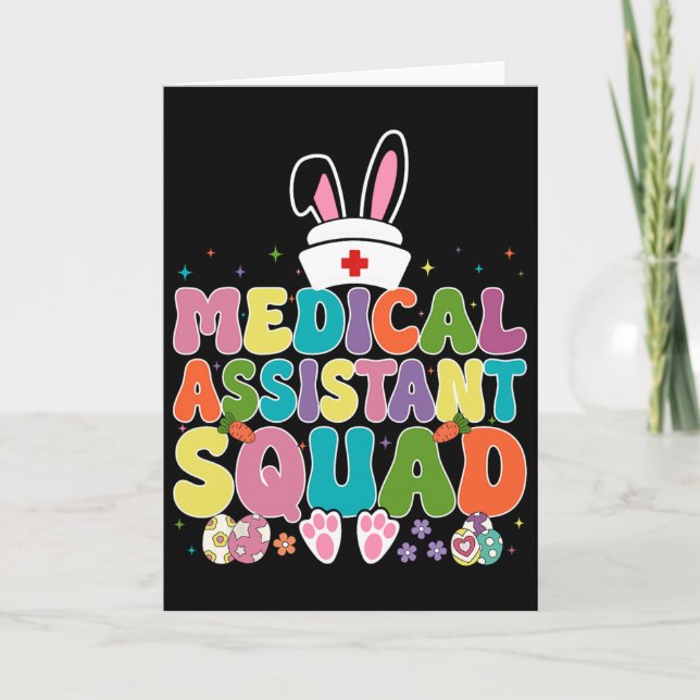 Retro Groovy Medical Istant Squad Bunny Eggs Easte Card (Front)