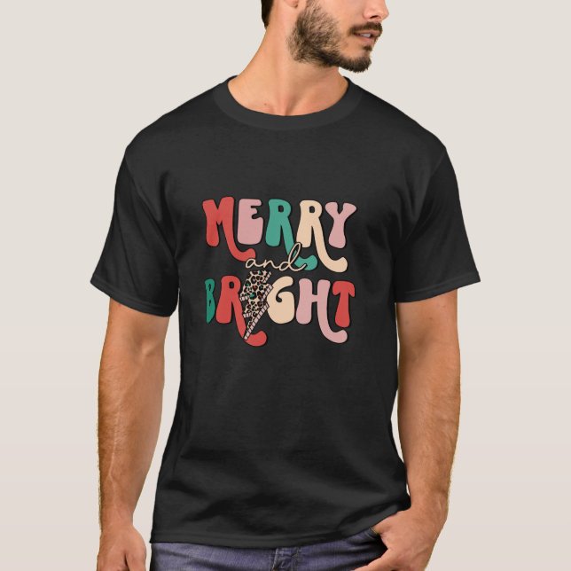 Retro Groovy Merry And Bright Leopard Lightning Bo T-Shirt (Front)