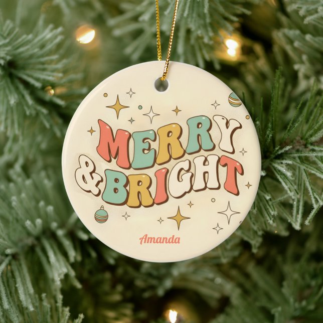 Retro Groovy Merry & Bright Christmas Ceramic Tree Decoration (Tree)