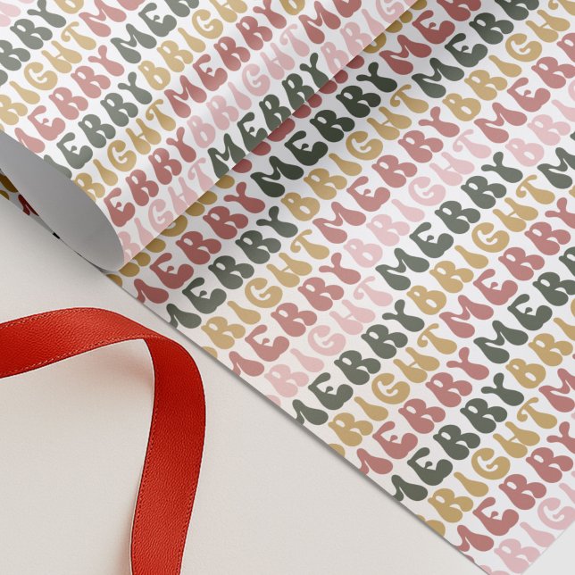 Retro Groovy Merry & Bright Colourful Pattern Wrapping Paper (Groovy retro Merry & Bright Colorful Typography Design Gift Wrapping Paper)