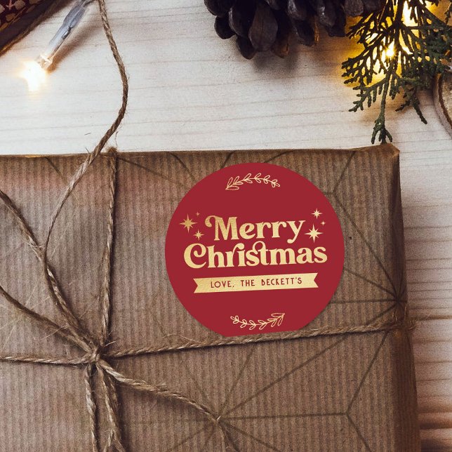 Retro Groovy Merry Christmas Holiday Classic Round Sticker (Creator Uploaded)