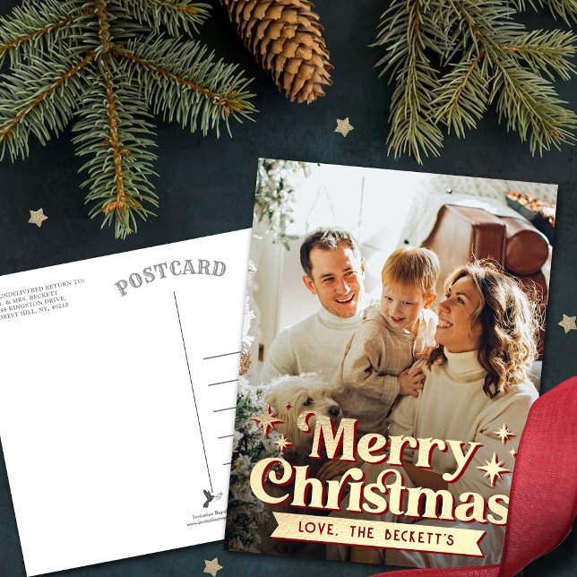 Retro Groovy Merry Christmas Photo Holiday Postcard (Creator Uploaded)