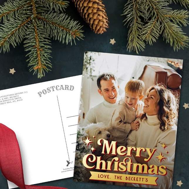 Retro Groovy Merry Christmas Photo Real Foil Holiday Postcard (Creator Uploaded)