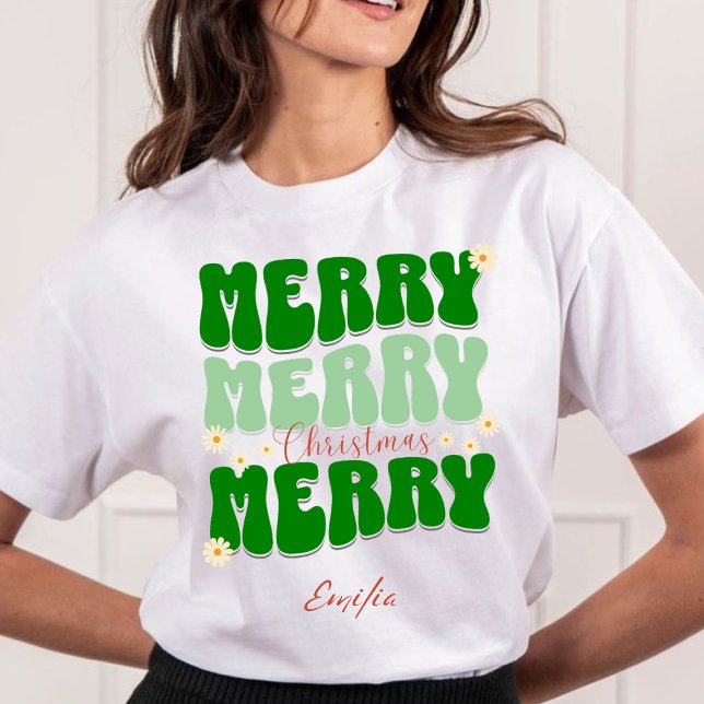 Retro Groovy Merry Christmas Script Green Name Sweatshirt (Creator Uploaded)