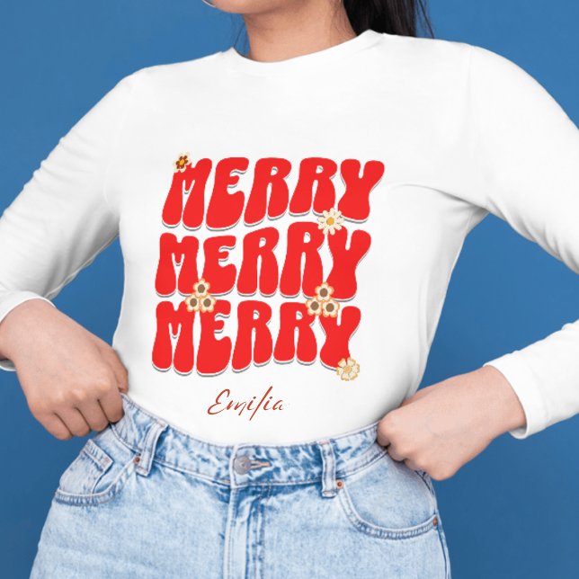 Retro Groovy Merry Christmas Script Red Name Sweatshirt (Creator Uploaded)