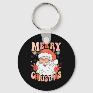 Retro Groovy Merry Christmas Trendy Santa Claus Ho Key Ring