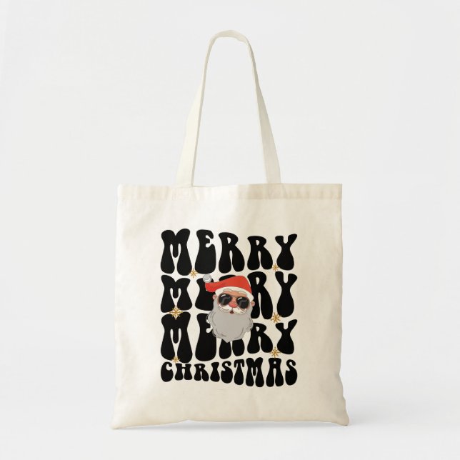Retro Groovy Merry Christmas Xmas Lights Santa Tote Bag (Front)