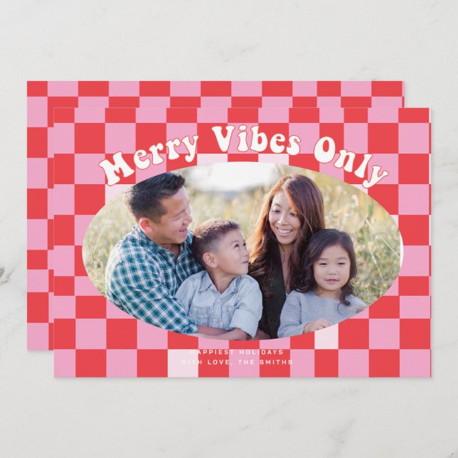 Retro Groovy Merry Vibes Only with Buffalo Plaid  Invitation (Front/Back)