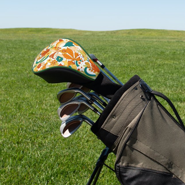 Retro Groovy Mushroom Flower Pattern Golf Head Cover (In Situ)