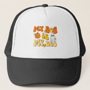 Retro Groovy My Dog Is My Boo Ghost Halloween Dog Trucker Hat
