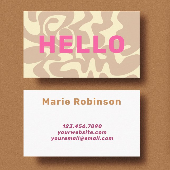 Retro Groovy Neutral Beige Cream Pink Hello Business Card (Creator Uploaded)