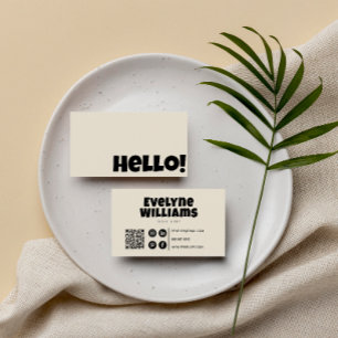 Retro Groovy Neutral Cream QR Code Bold Hello Boho Business Card