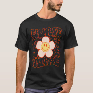 Retro Groovy Nurse Happy Face Cute Daisy Flower Sm T-Shirt