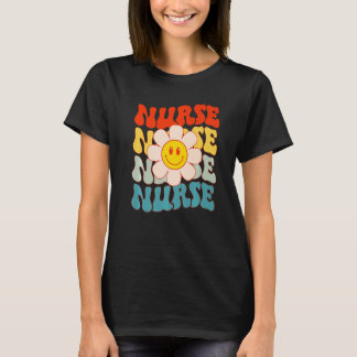 Retro Groovy Nurse Happy Face Cute Daisy Flower Sm T-Shirt