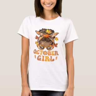 Retro Groovy October Girl Messy Bun Halloween Than T-Shirt