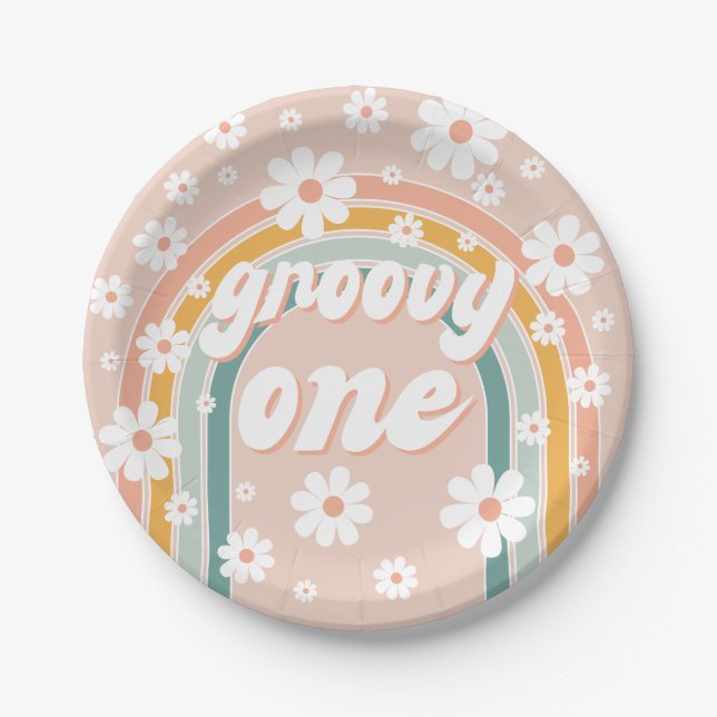 Retro Groovy One Boho First Birthday Paper Plate (Front)