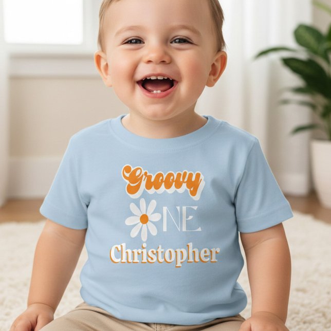 Retro Groovy One Boys 1st Birthday Baby T-Shirt (Creator Uploaded)