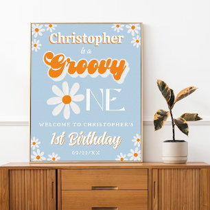 Retro Groovy One Boys 1st Birthday Welcome Poster