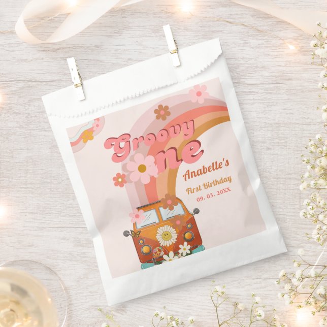 Retro Groovy one Daisy Flower Birthday Party Favour Bags (Clipped)