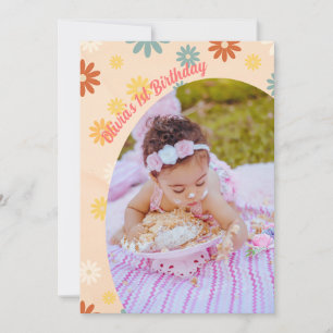 Retro groovy one daisy flower First birthday Invitation