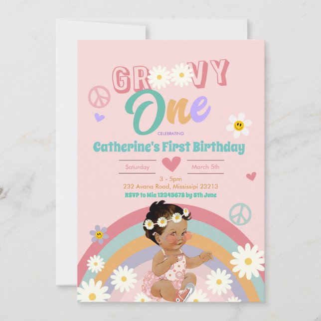 Retro Groovy One Dark Hair First Birthday Invitati Invitation (Front)