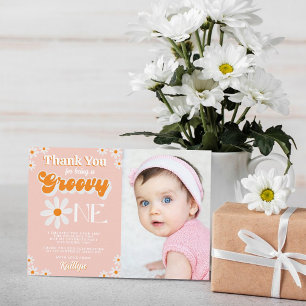 Retro Groovy One Girls 1st Birthday Photo Thank You Card