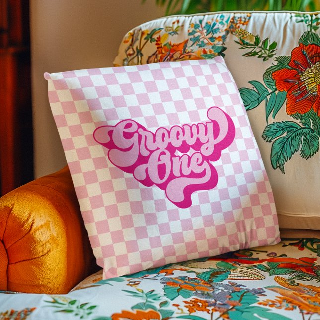 Retro Groovy One Pink and White Check Cushion (Retro Groovy One Pink and White Check Throw Pillow
)