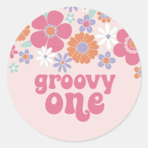 Retro Groovy One Pink Floral Classic Round Sticker