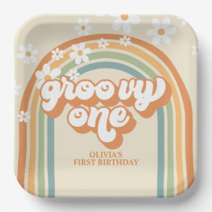 Retro Groovy One Rainbow Brown Orange Birthday Paper Plate