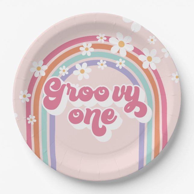 Retro Groovy One Rainbow Pink Paper Plate (Front)