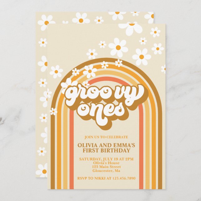 Retro Groovy Ones Rainbow Brown Twin Birthday Invitation (Front/Back)