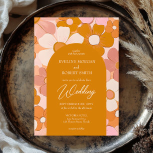 Retro groovy orange and pink flowers arched invitation