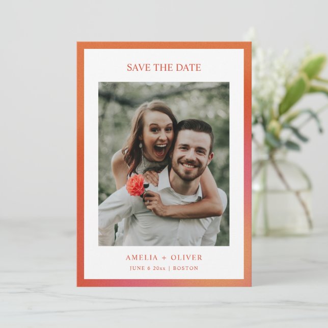 Retro Groovy Orange Fun Summer Gradient Wedding Save The Date (Standing Front)