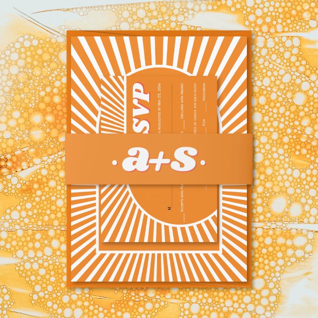 Retro groovy orange initials 70s inspired wedding invitation belly band (Creator Uploaded)