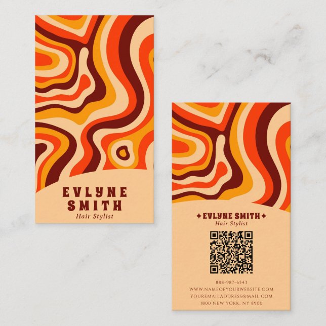 Retro Groovy Orange QR Code 70s Boho Abstract Business Card (Front/Back)