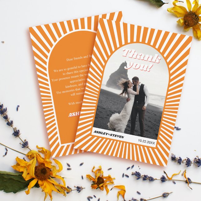 Retro groovy orange sunrays 70s inspired wedding thank you card (Creator Uploaded)