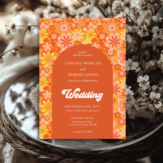 Retro groovy orange yellow and pink flowers invitation (Retro groovy vibrant orange yellow and pink flowers invitation)