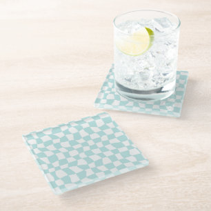 Retro Groovy Pastel Blue White Checks Chequered Glass Coaster