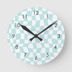 Retro Groovy Pastel Blue White Checks Chequered Round Clock