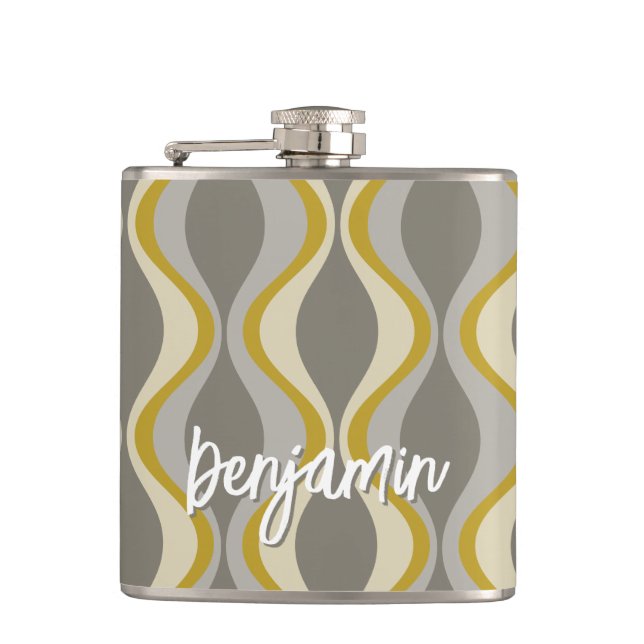 retro groovy pattern - monogram - gold taupe hip flask (Front)